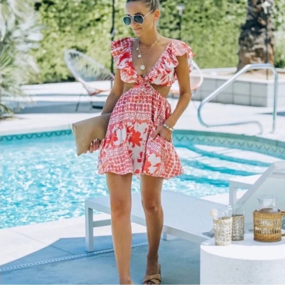 Pink and White Floral Cutout Dress
